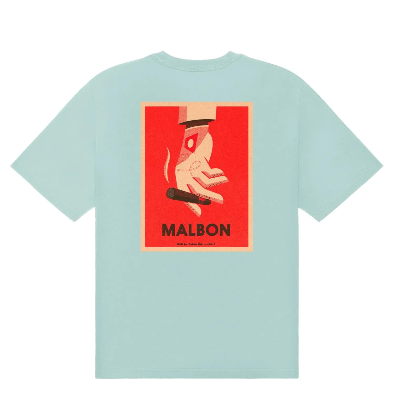 Flat lay back view of Malbon Golf Bermuda Cigar Tee in Surf Spray with bold cigar-inspired artwork