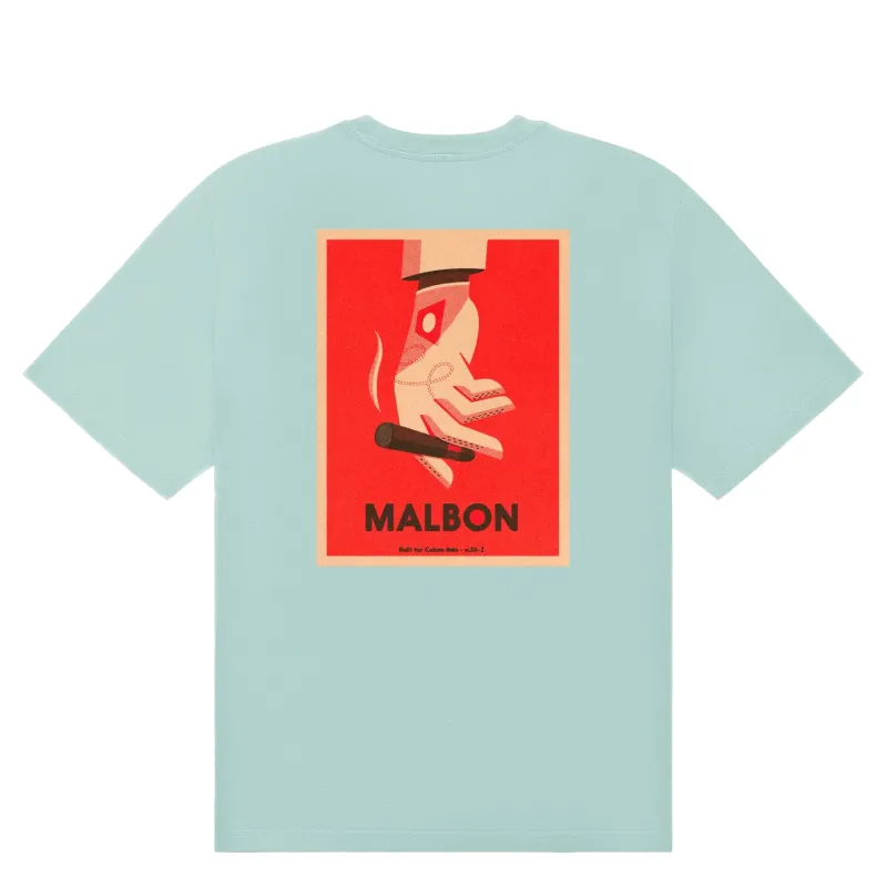 Flat lay back view of Malbon Golf Bermuda Cigar Tee in Surf Spray with bold cigar-inspired artwork