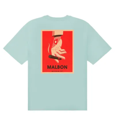 Flat lay back view of Malbon Golf Bermuda Cigar Tee in Surf Spray with bold cigar-inspired artwork