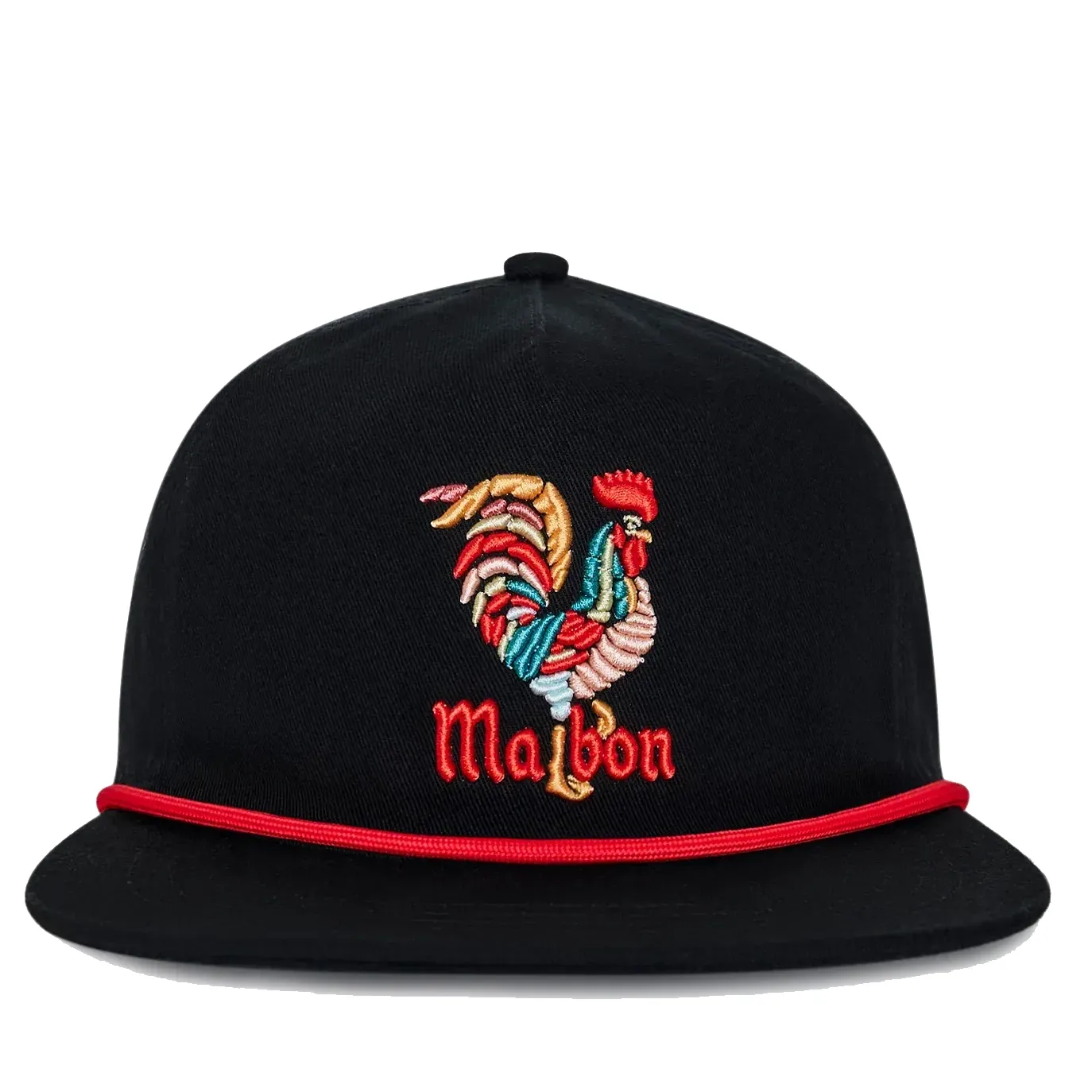 Front view of Malbon Golf Rooster Snapback Hat in Black with embroidered rooster logo