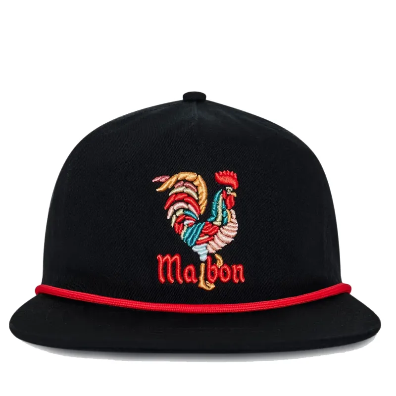 Front view of Malbon Golf Rooster Snapback Hat in Black with embroidered rooster logo