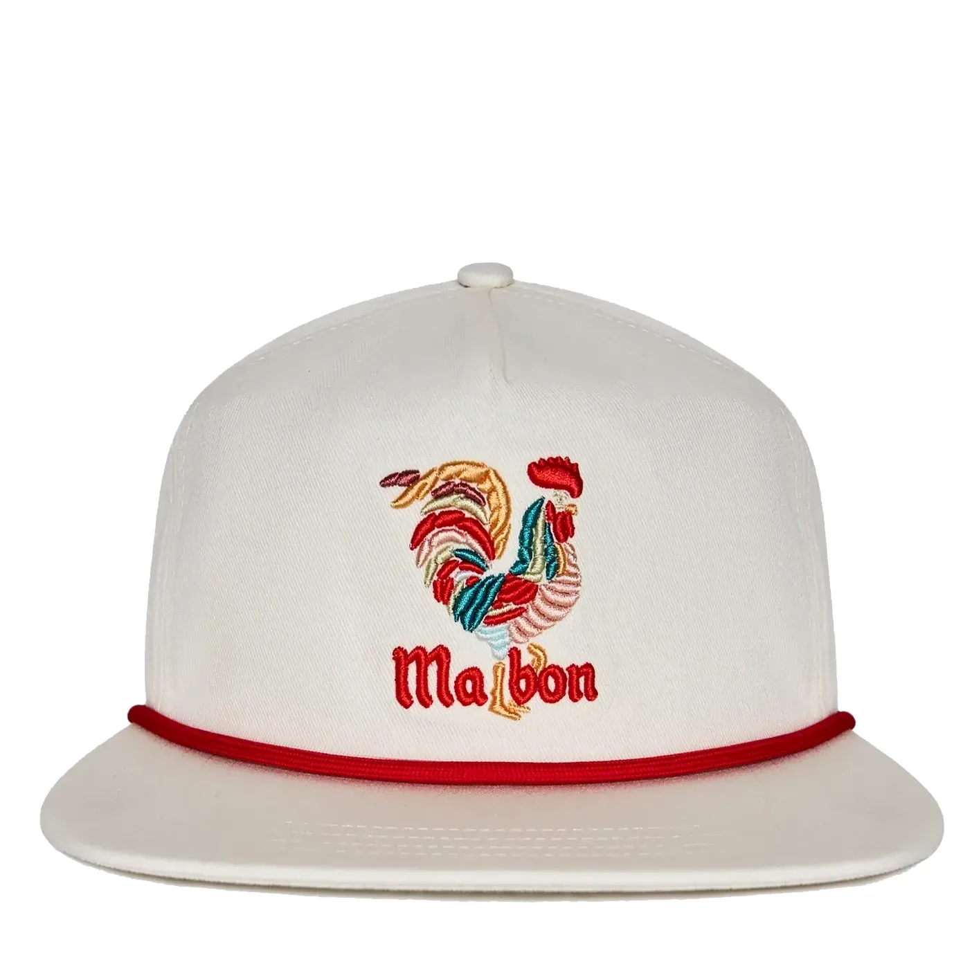 Front view of Malbon Golf Rooster Snapback Hat in Cream with embroidered rooster logo