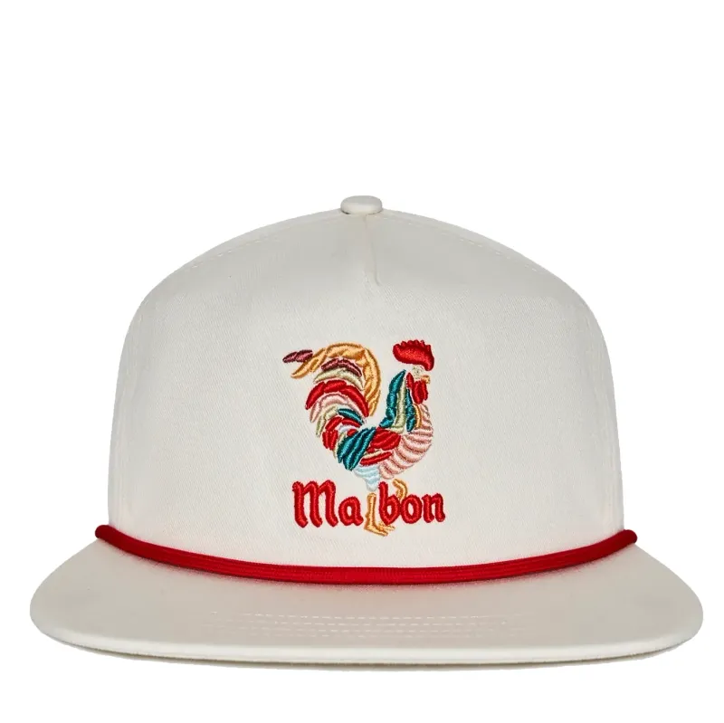 Front view of Malbon Golf Rooster Snapback Hat in Cream with embroidered rooster logo