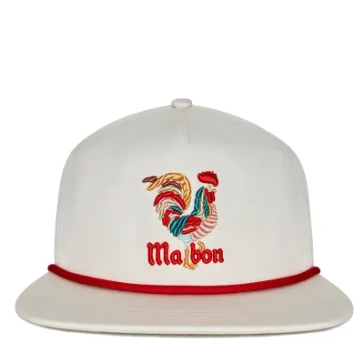 Front view of Malbon Golf Rooster Snapback Hat in Cream with embroidered rooster logo