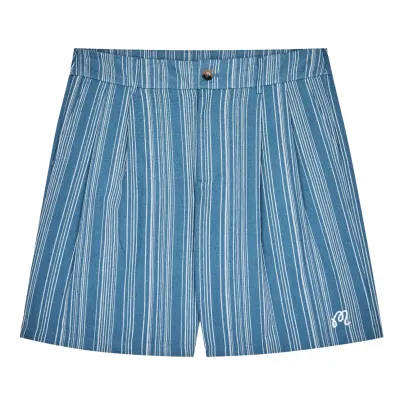 Front flat lay of Malbon Golf Arena Shorts with pleated construction and embroidered logo
