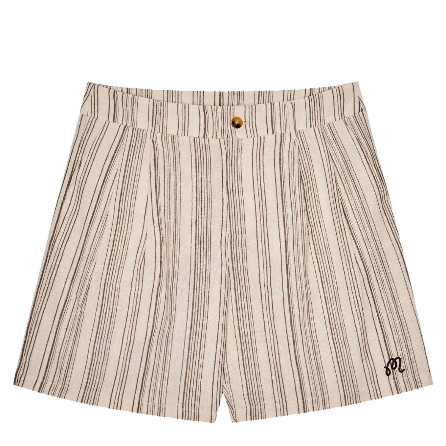 Front flat lay of Malbon Golf Arena Shorts in Cream Stripe with pleated construction