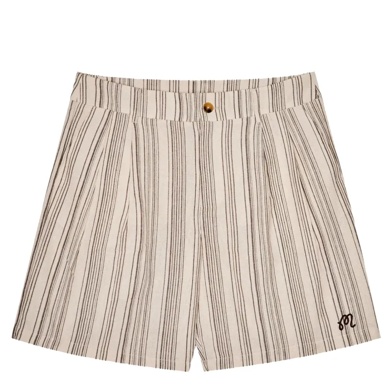 Front flat lay of Malbon Golf Arena Shorts in Cream Stripe with pleated construction