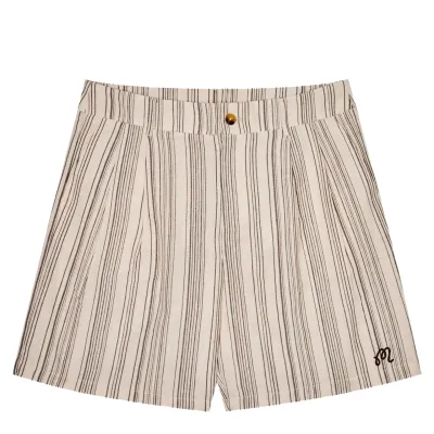 Front flat lay of Malbon Golf Arena Shorts in Cream Stripe with pleated construction