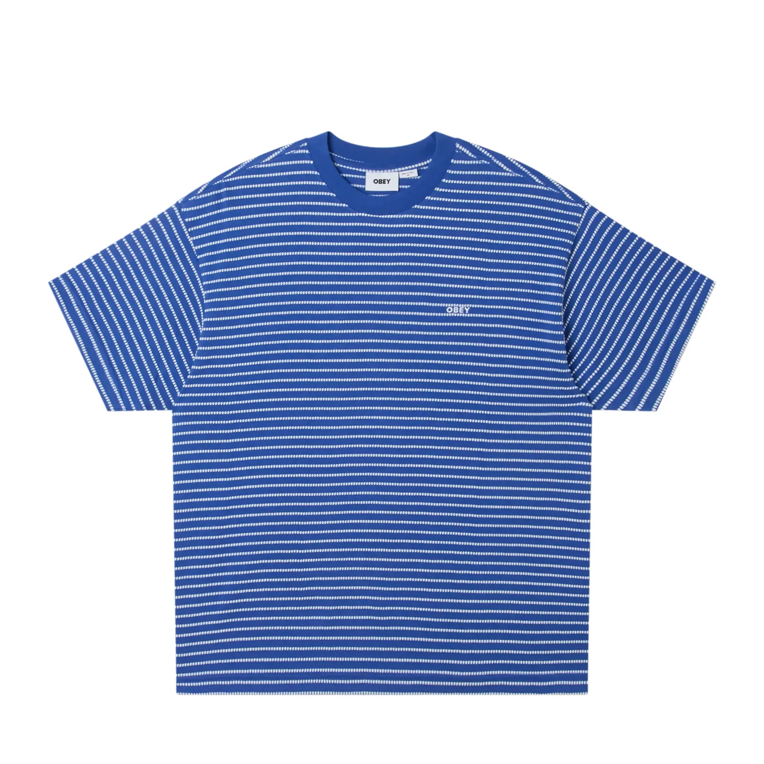 Obey Edwin Tee in blue multi with horizontal stripe pattern