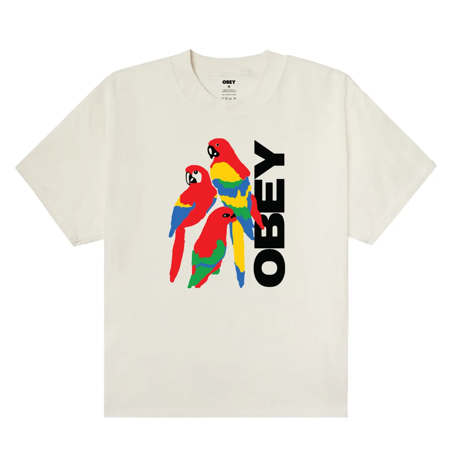 Obey Parrots Heavyweight Tee in vintage white with colorful parrot graphic and oversized logo print