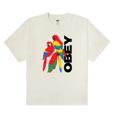 Obey Parrots Heavyweight Tee in vintage white with colorful parrot graphic and oversized logo print