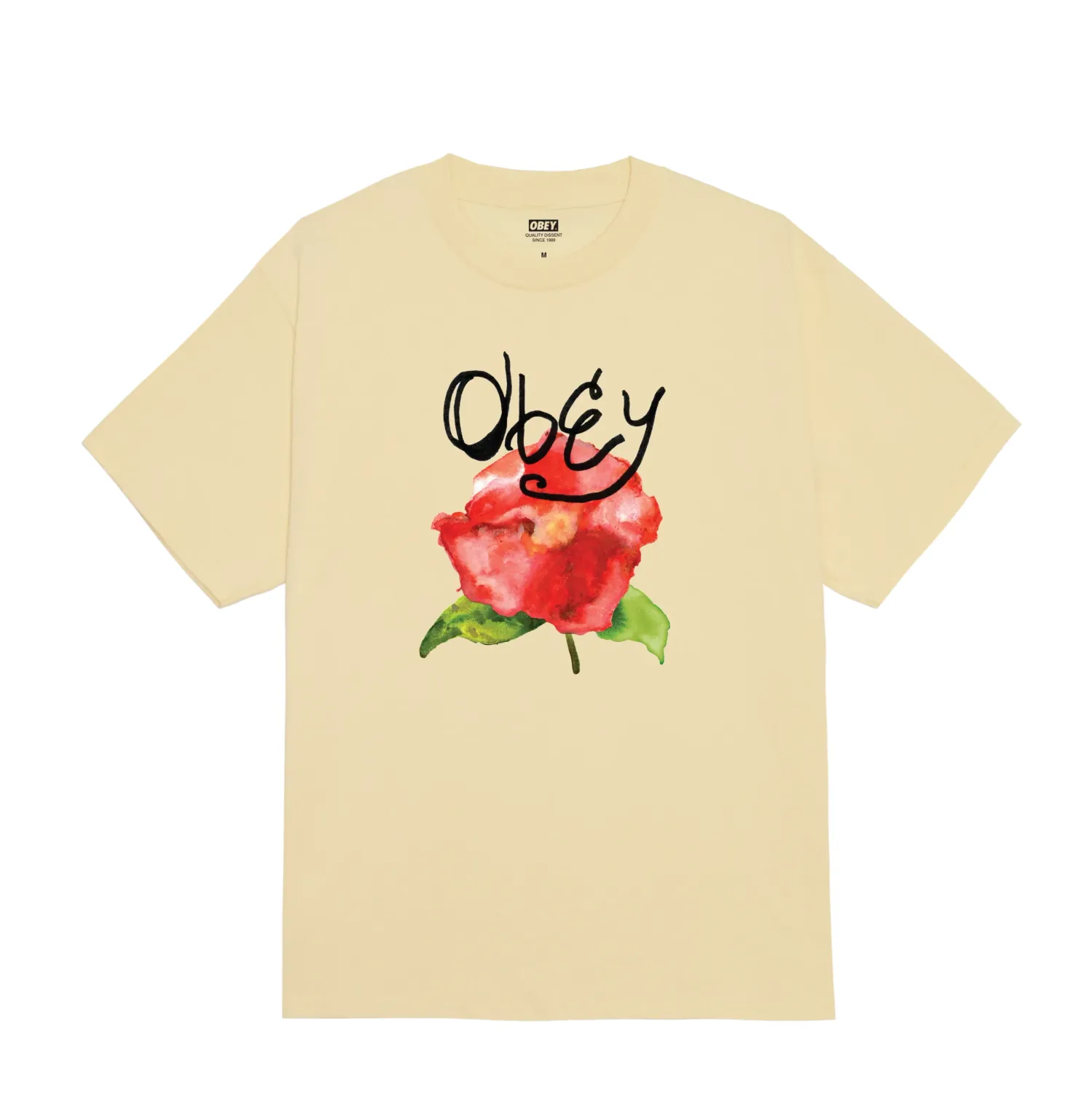 Obey Watercolor Poppy Tee in pale yellow with floral front graphic and logo print
