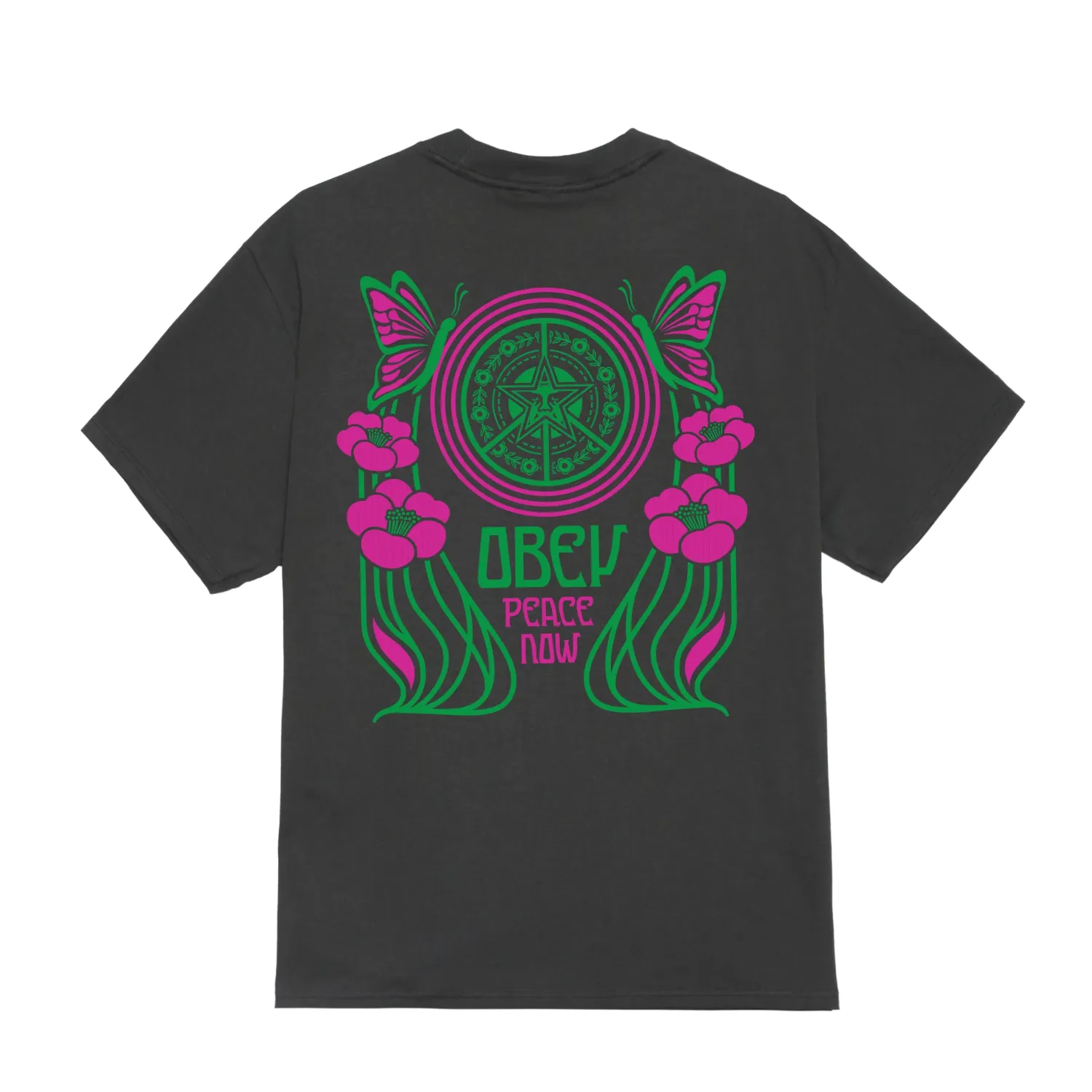 Back view of Obey Peace Now Butterflies Tee with colorful butterfly and floral artwork