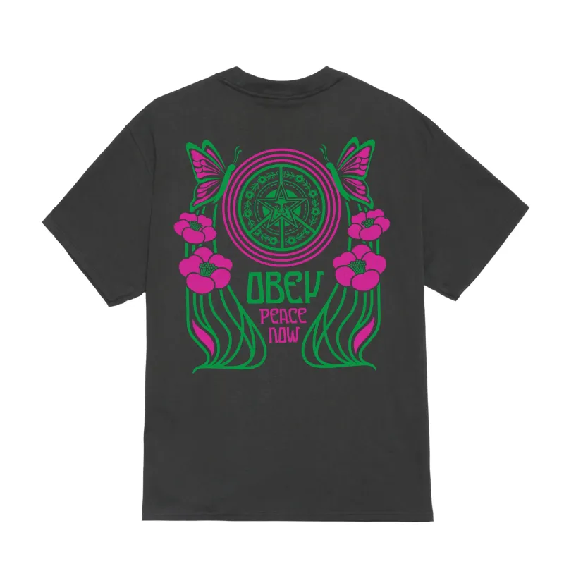 Back view of Obey Peace Now Butterflies Tee with colorful butterfly and floral artwork