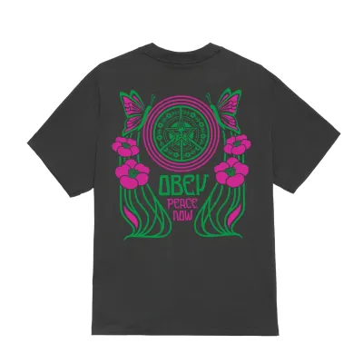 Back view of Obey Peace Now Butterflies Tee with colorful butterfly and floral artwork