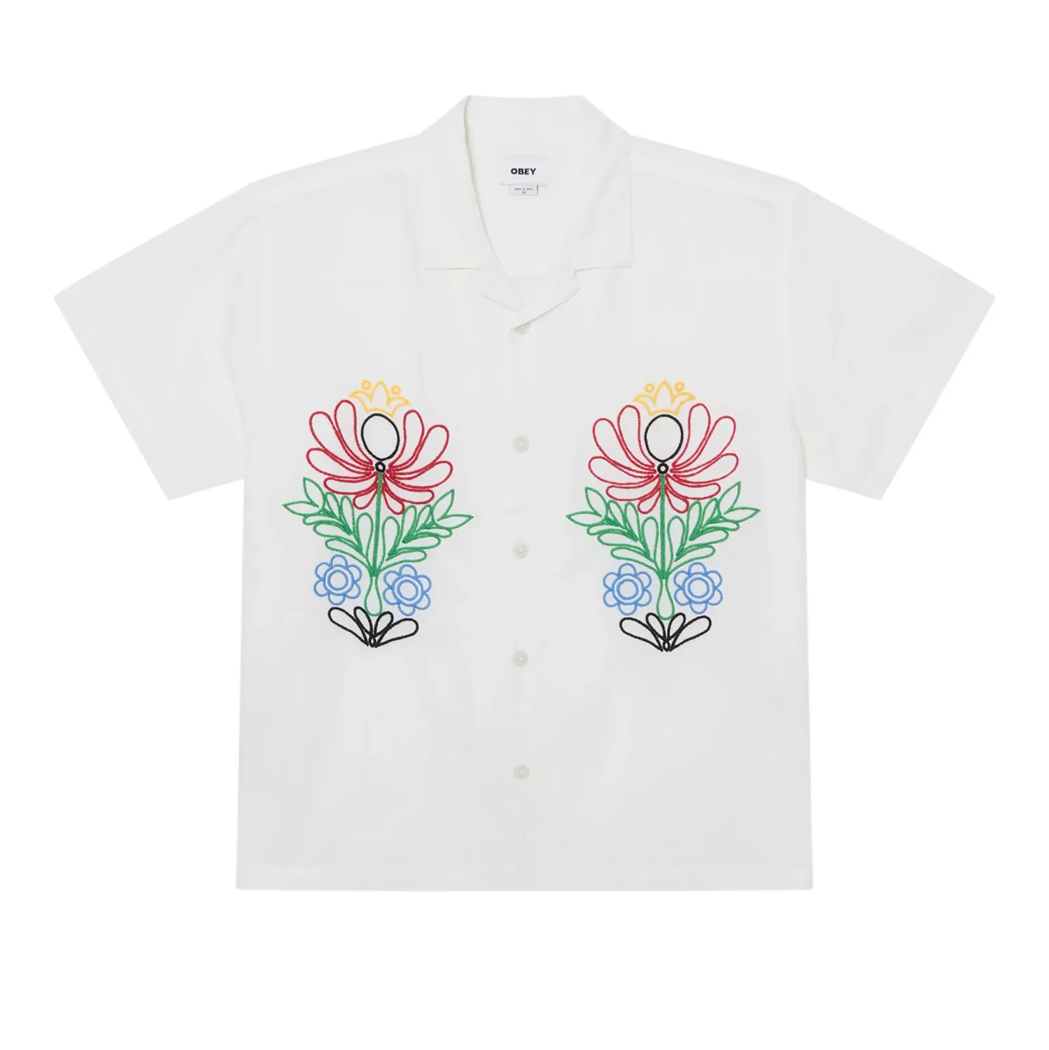 Obey Perry Shirt in white with colorful embroidered floral artwork