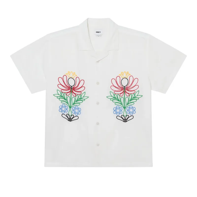 Obey Perry Shirt in white with colorful embroidered floral artwork