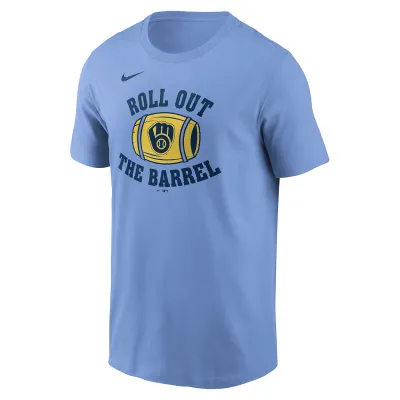 Front view of Nike Milwaukee Brewers light blue t-shirt with “Roll Out the Barrel” graphic.