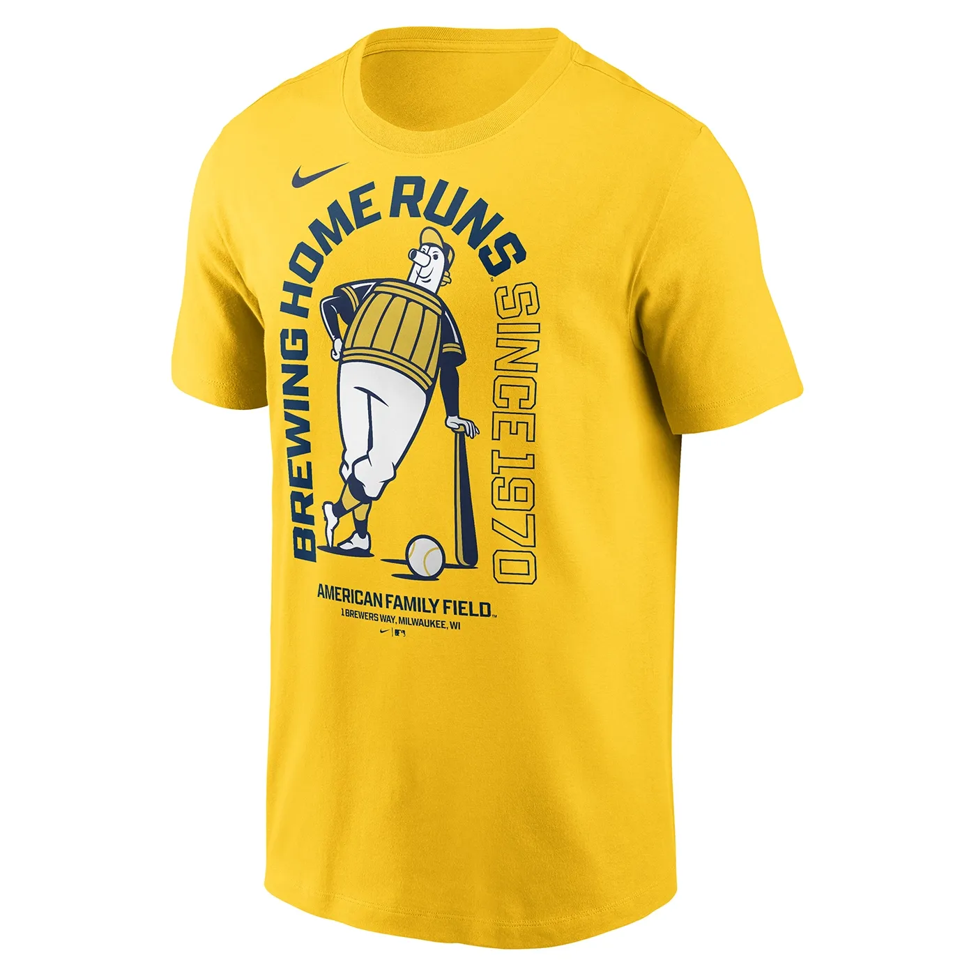 Front view of Nike Milwaukee Brewers yellow t-shirt with Barrel Man home runs graphic.