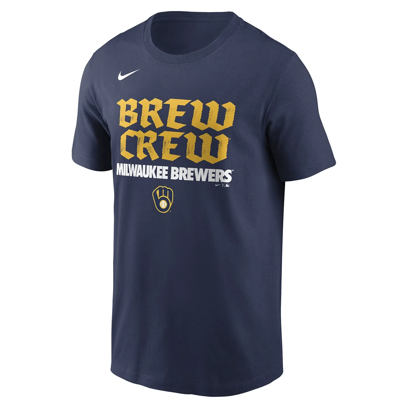 Front angled view of Nike Milwaukee Brewers Brew Crew Handwriting Tee in navy with yellow and white graphic lettering.