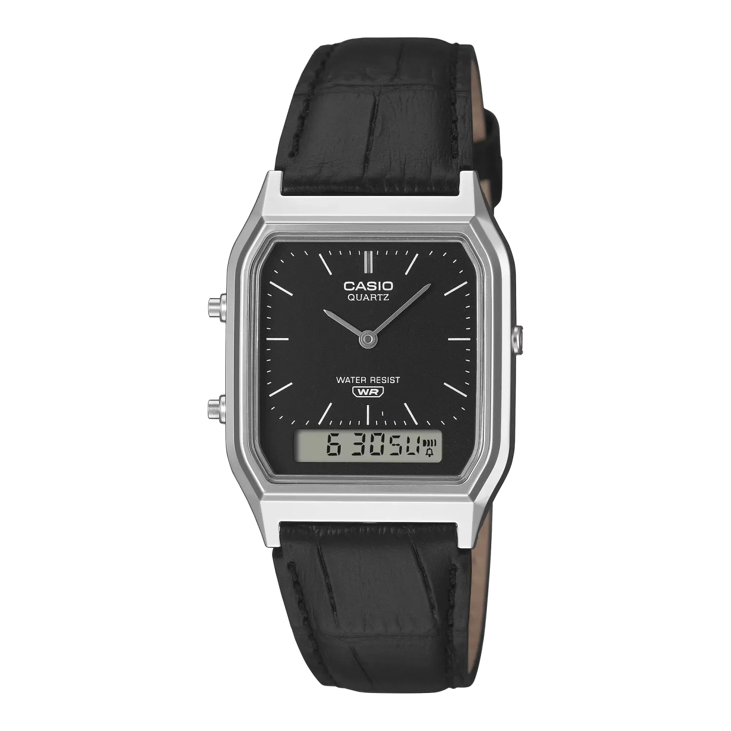 Casio AQ230EL-1A vintage watch with black dial, silver rectangular case, and embossed black leather strap