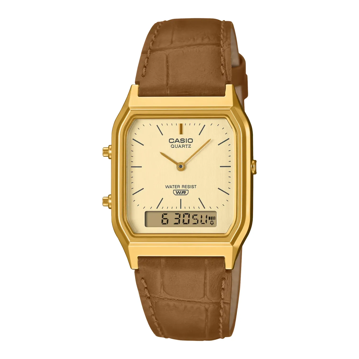 Casio AQ230EGL-9A vintage watch with gold-tone rectangular case and brown embossed leather strap