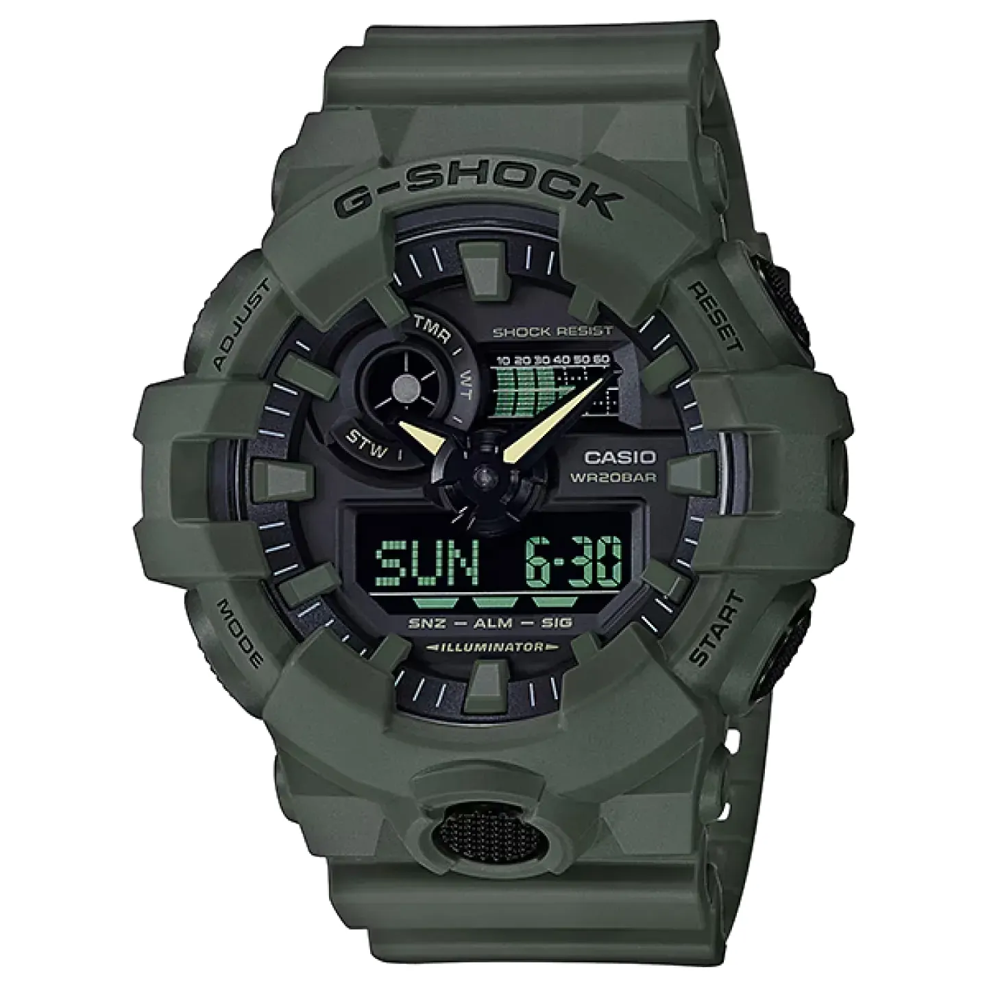 G-SHOCK GA700UC-3A olive green analog-digital watch with oversized rugged case and resin strap