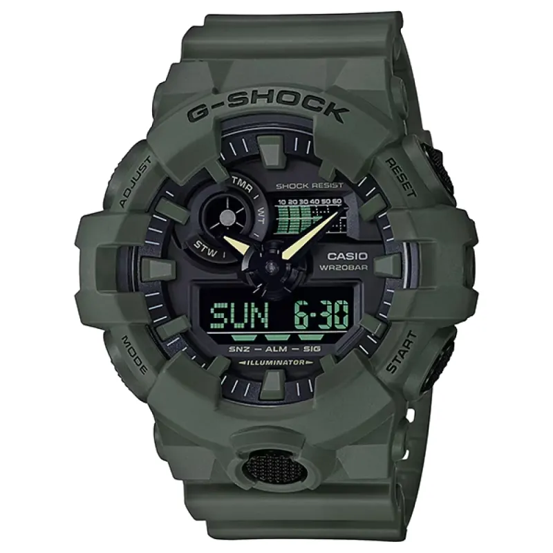 G-SHOCK GA700UC-3A olive green analog-digital watch with oversized rugged case and resin strap