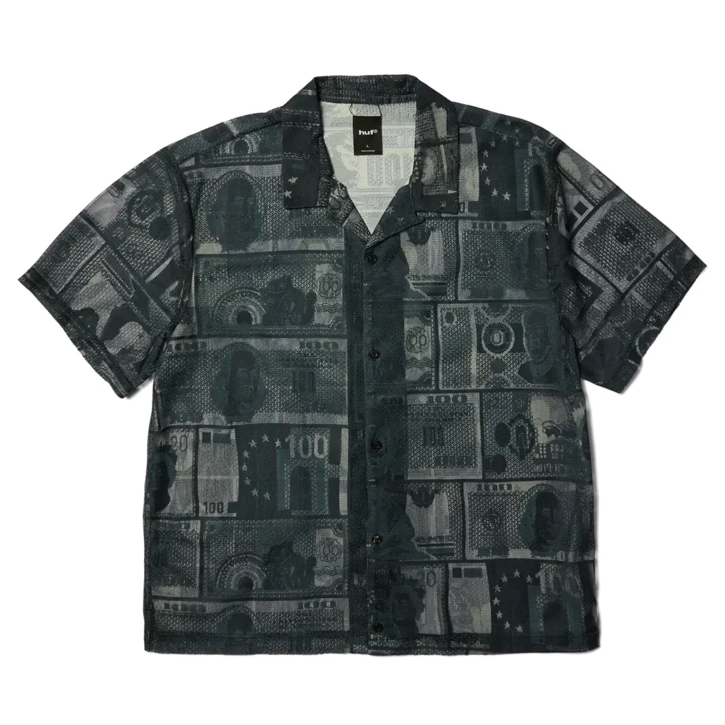 HUF Global Currency Lace Shirt in black with all-over currency-inspired jacquard pattern