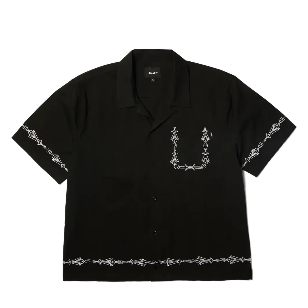 HUF Pinstripe Embroidered Resort Shirt in black with white embroidered detailing