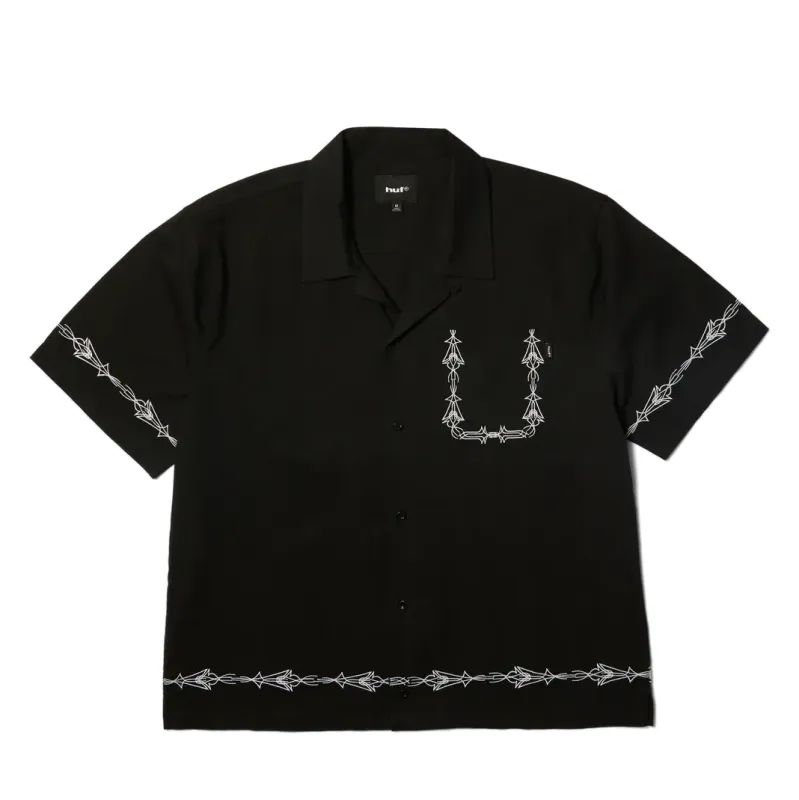 HUF Pinstripe Embroidered Resort Shirt in black with white embroidered detailing