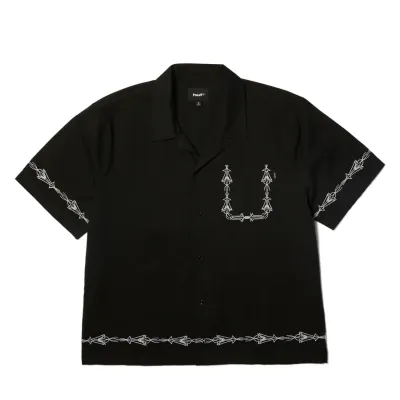 HUF Pinstripe Embroidered Resort Shirt in black with white embroidered detailing