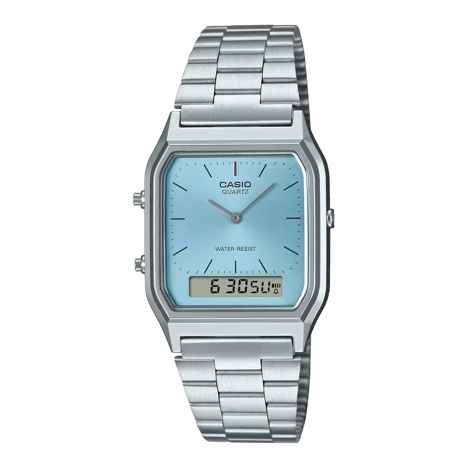 Casio AQ230A-2A1 vintage watch with silver-tone case, stainless steel bracelet, and light blue dial