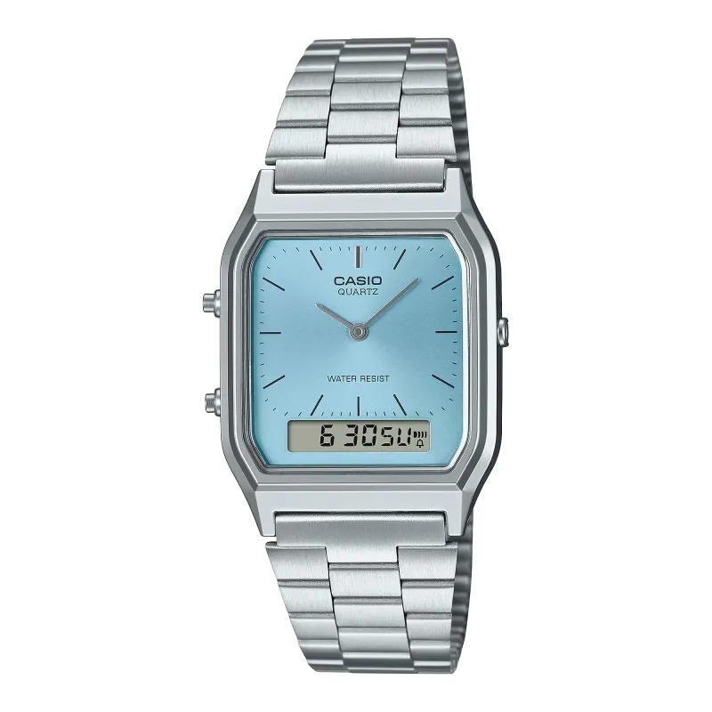 Casio AQ230A-2A1 vintage watch with silver-tone case, stainless steel bracelet, and light blue dial