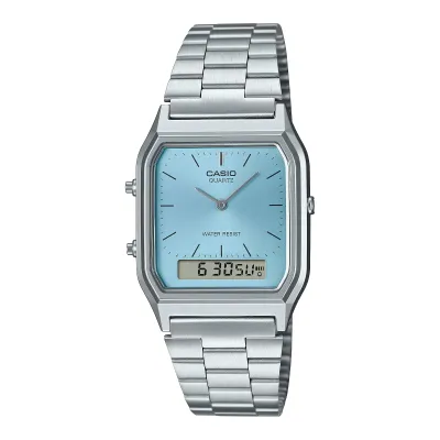 Casio AQ230A-2A1 vintage watch with silver-tone case, stainless steel bracelet, and light blue dial