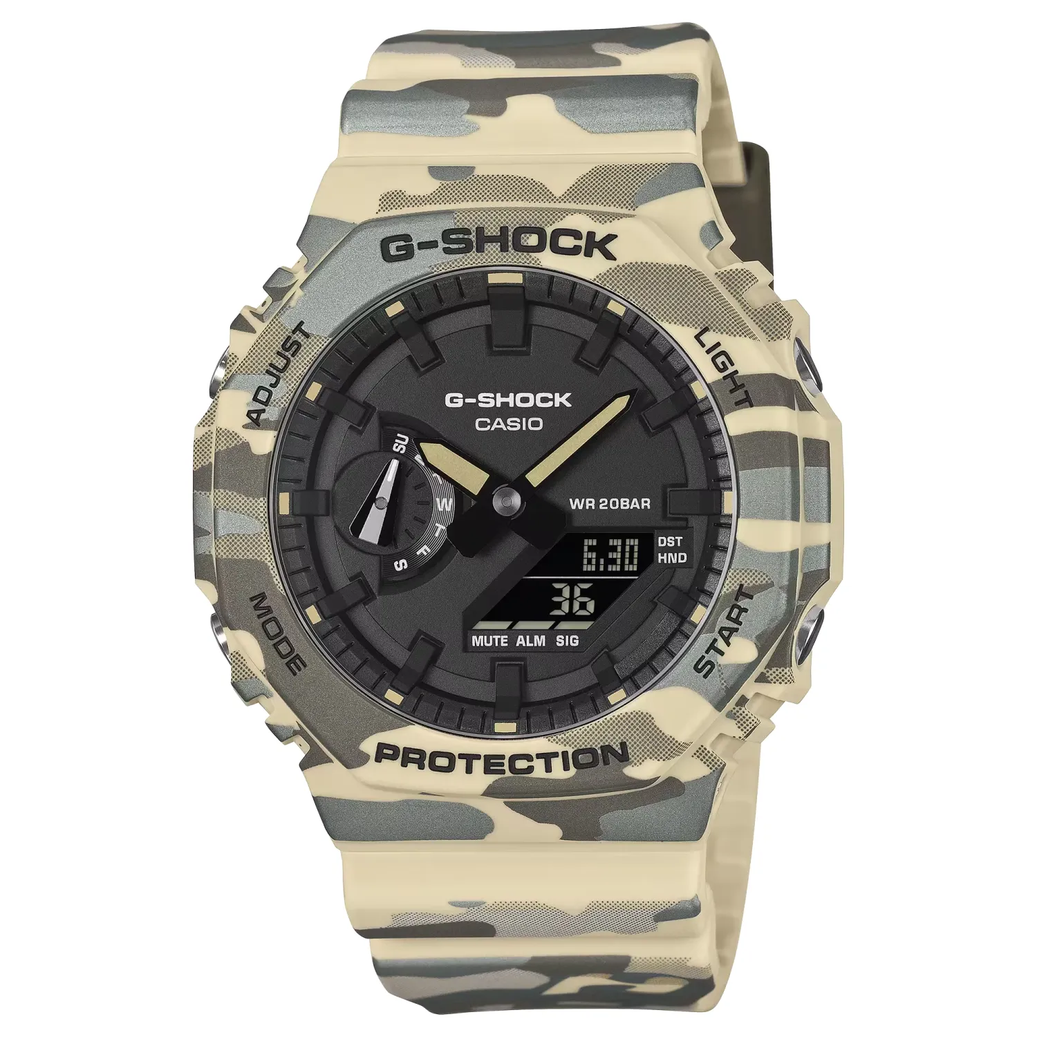 G-SHOCK GA2100CM-5A beige camouflage watch with analog-digital display and rugged resin construction