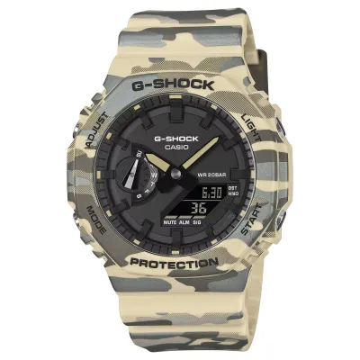 G-SHOCK GA2100CM-5A beige camouflage watch with analog-digital display and rugged resin construction