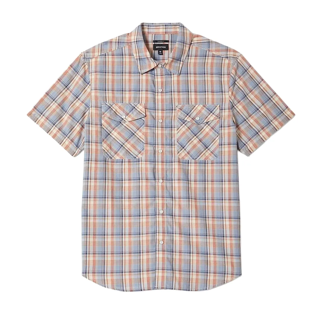 Flat lay front view of Brixton Breezy Wayne Shirt in Blue Multi Plaid with pearl snap buttons