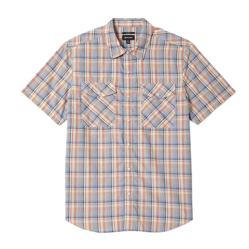 Flat lay front view of Brixton Breezy Wayne Shirt in Blue Multi Plaid with pearl snap buttons