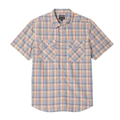 Flat lay front view of Brixton Breezy Wayne Shirt in Blue Multi Plaid with pearl snap buttons