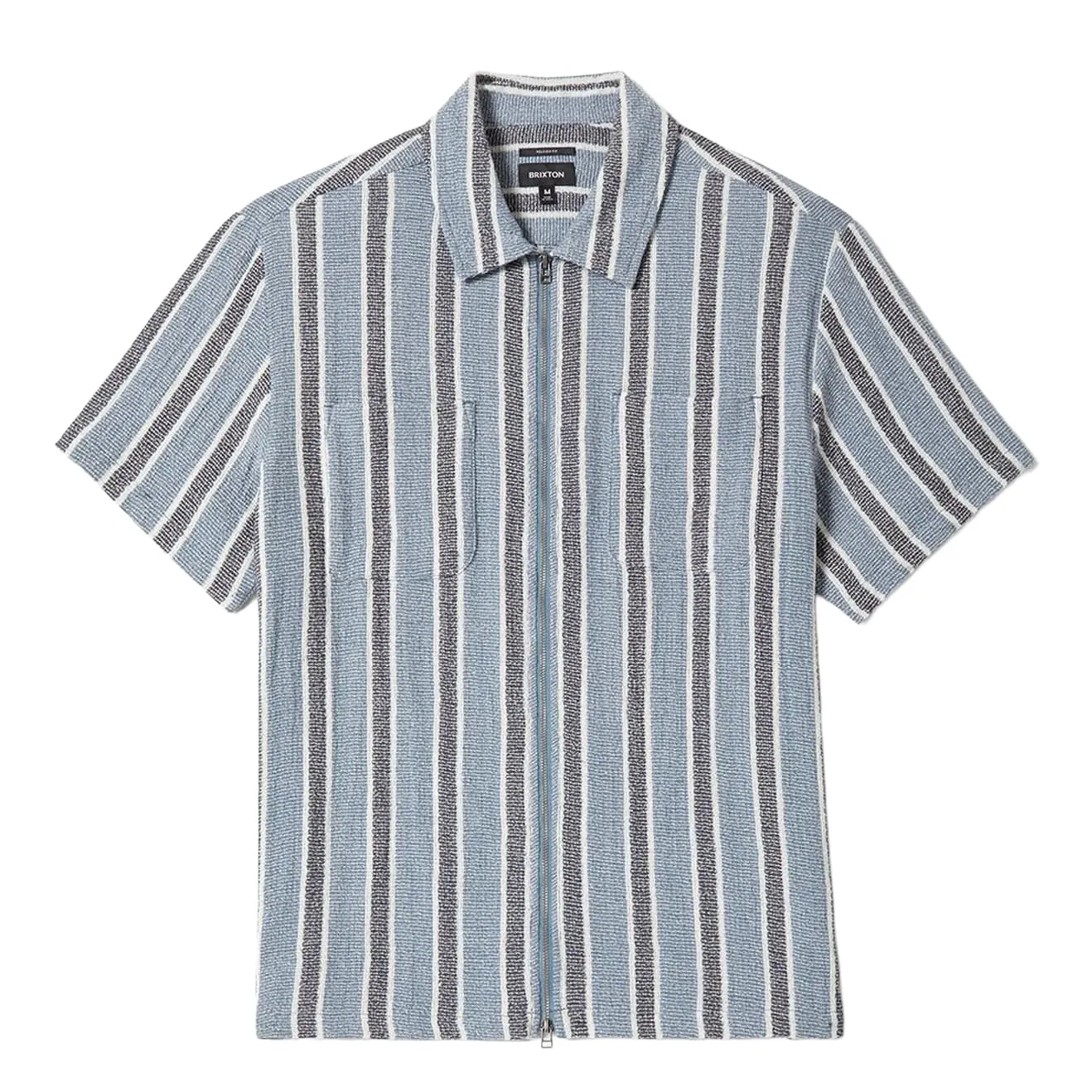 Flat lay front view of Brixton Dexter Textured Stripe Shirt in Black and Dusty Blue