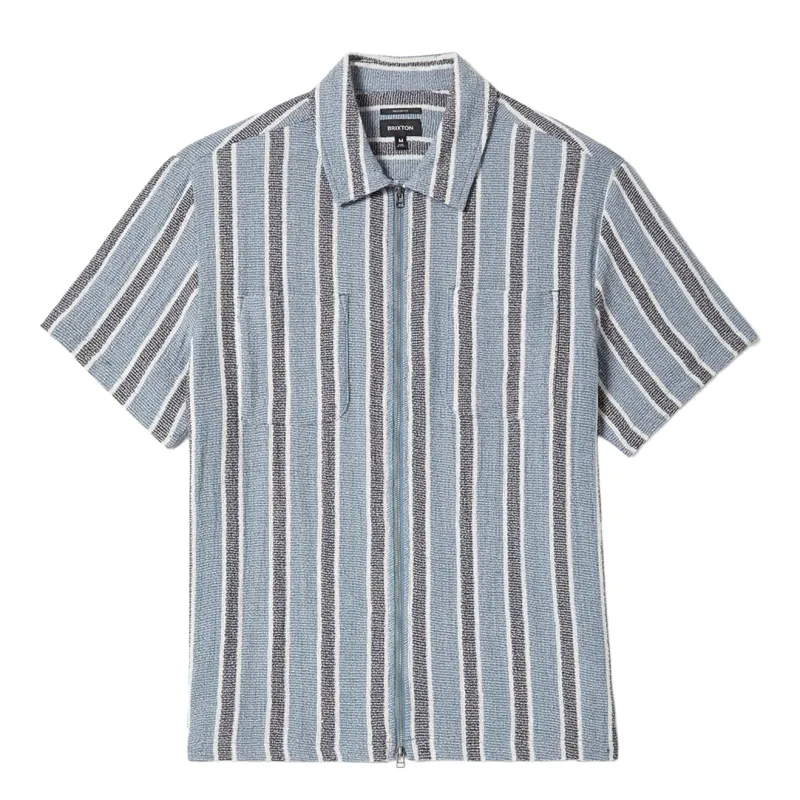 Flat lay front view of Brixton Dexter Textured Stripe Shirt in Black and Dusty Blue