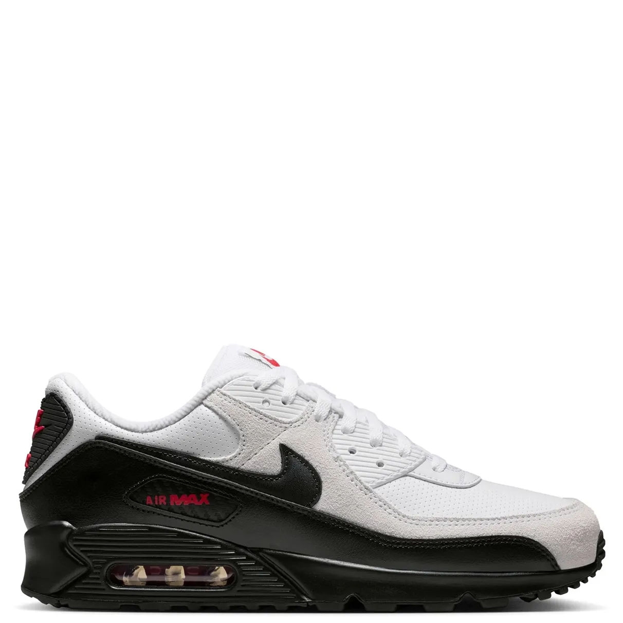 Medial side profile of Nike Air Max 90 in white and black with red Air Max detailing