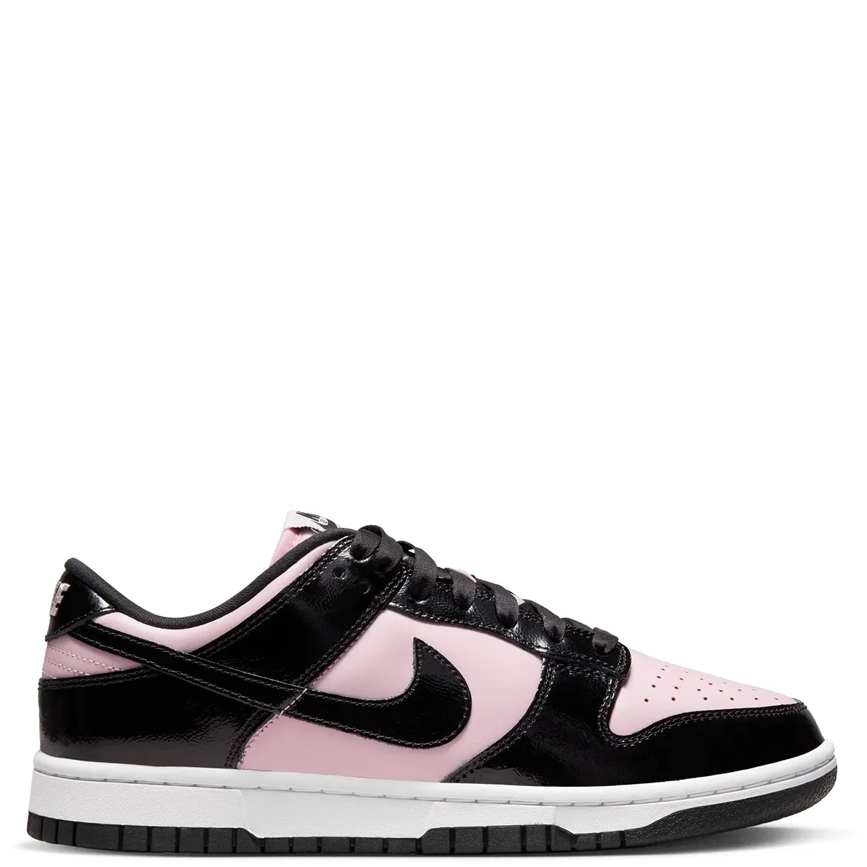 Medial side view of Nike Women's Dunk Low Pink Foam with glossy panel detailing