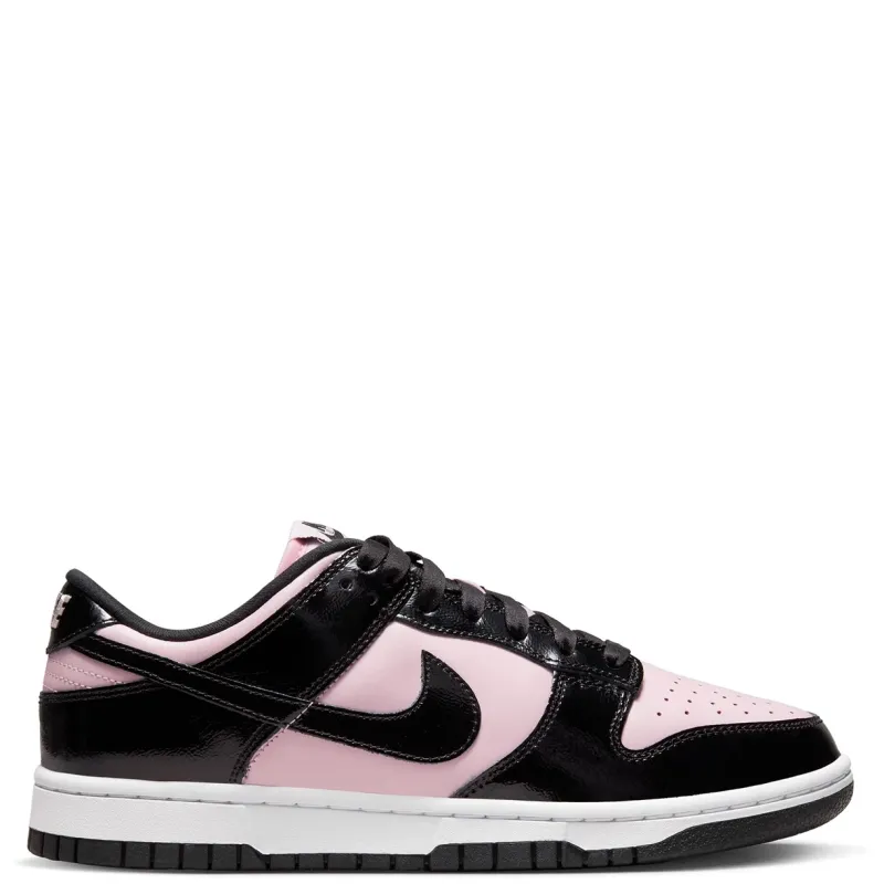 Medial side view of Nike Women's Dunk Low Pink Foam with glossy panel detailing