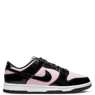 Medial side view of Nike Women's Dunk Low Pink Foam with glossy panel detailing