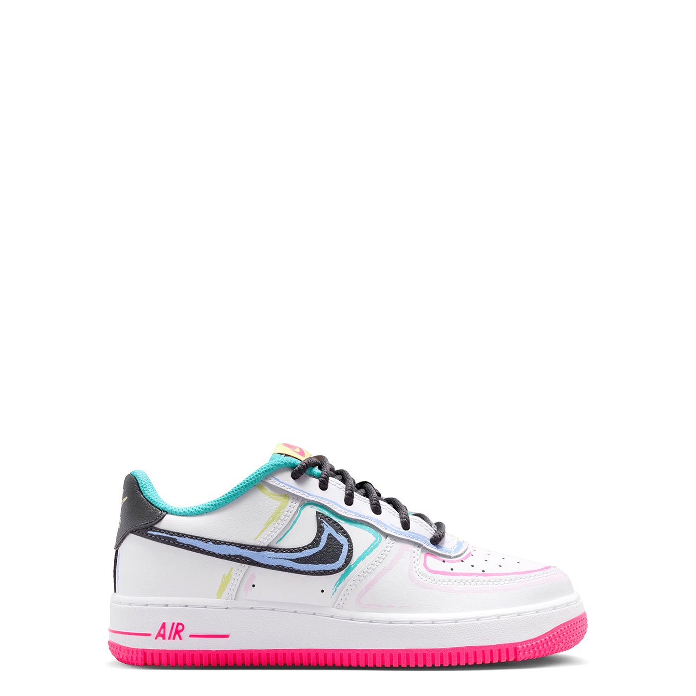 Medial side profile of Nike Air Force 1 GS with colorful hand-drawn inspired accents
