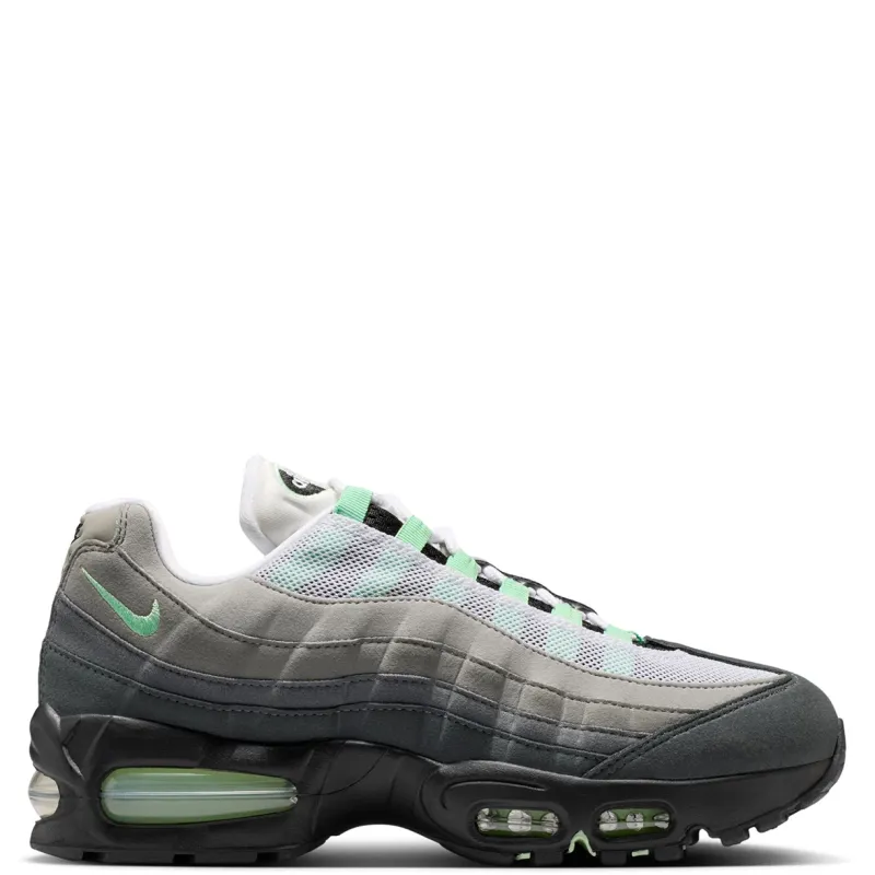 Lateral side profile of Nike Women's Air Max 95 Big Bubble featuring gradient grey overlays and visible Air cushioning.