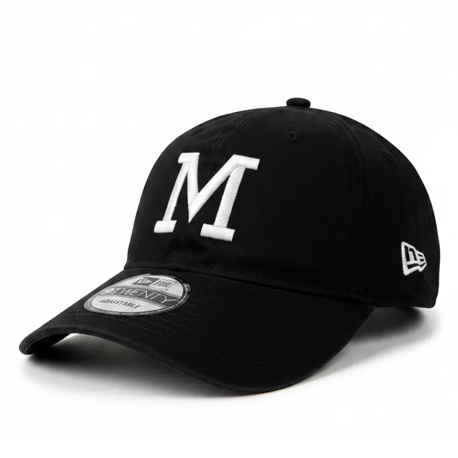 New Era Milwaukee Braves 9TWENTY adjustable hat in black with white embroidered M logo front view