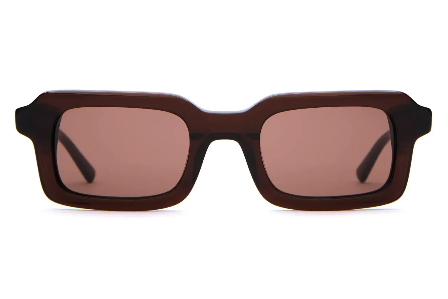 Front view of Crap Eyewear The Lucid Blur sunglasses with a thick rectangular frame and coffee-tinted lenses.